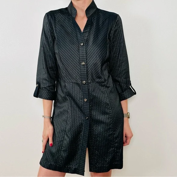 Tesori black striped long sleeve button down tunic dress - Picture 2 of 10
